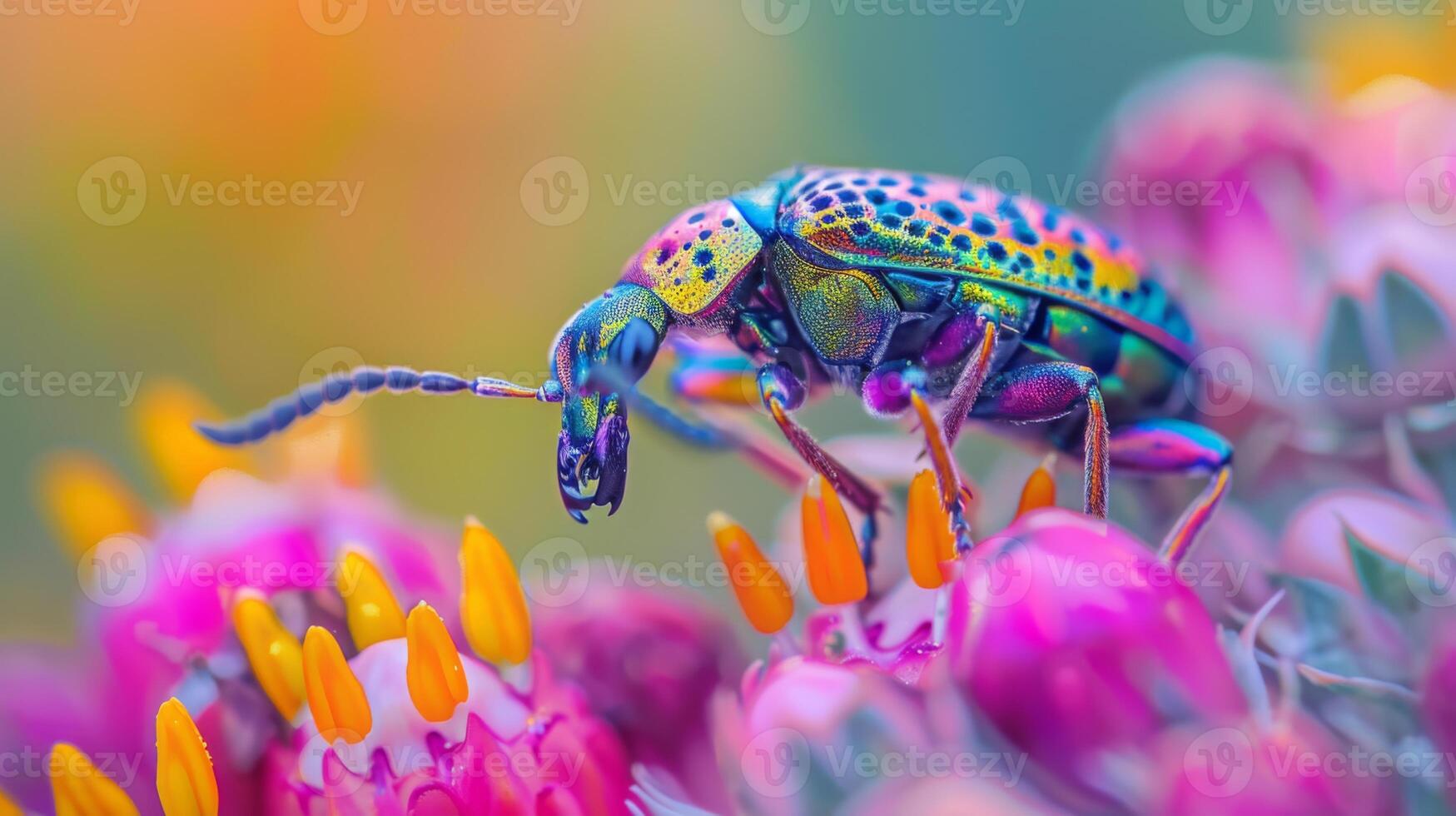 A colorful bug is sitting on a flower photo