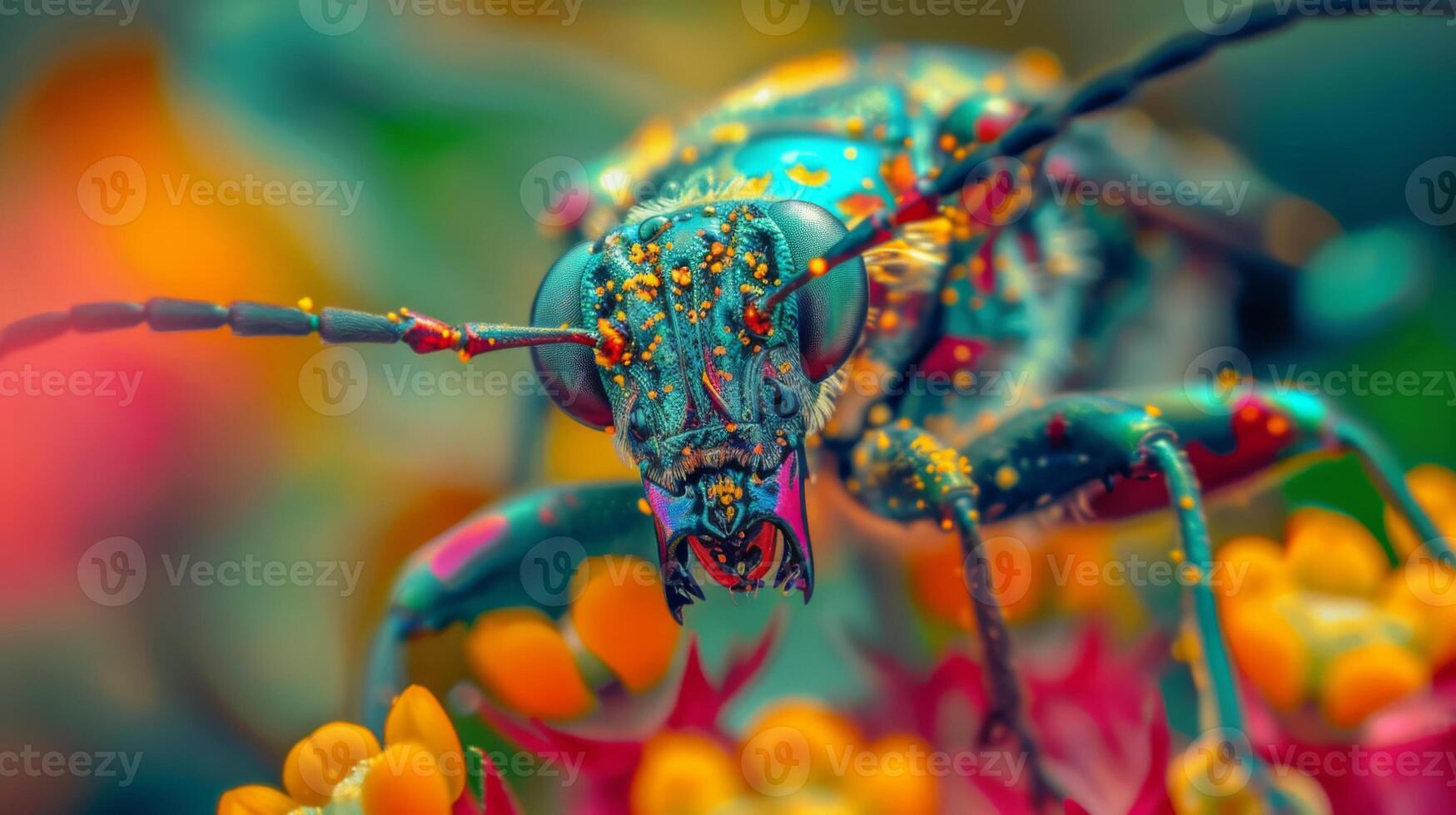 A colorful bug is sitting on a flower photo
