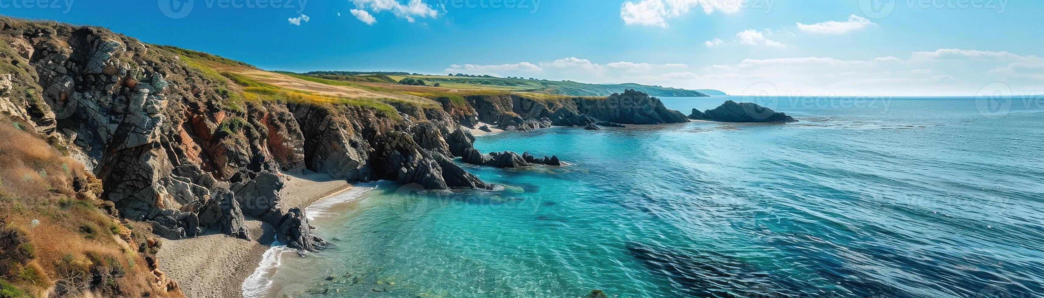 A beautiful beach with a clear blue ocean and palm trees in the background photo