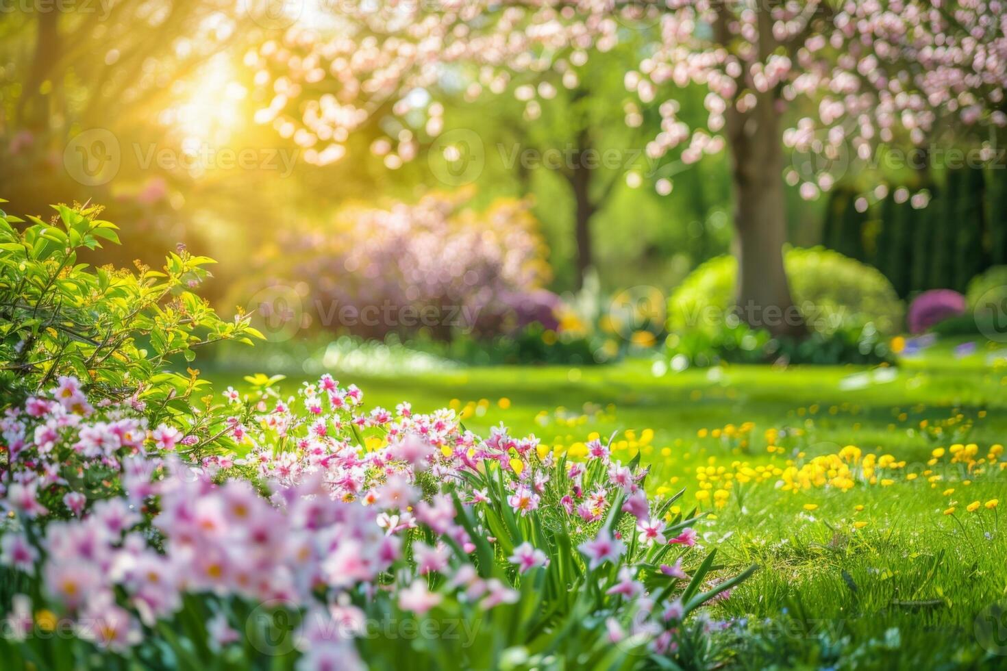 A beautiful garden with pink flowers and green grass photo