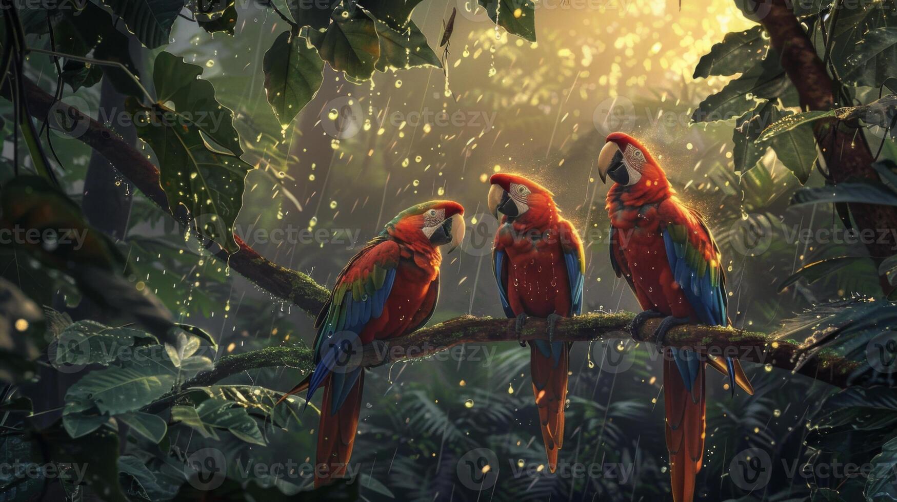 Three parrots are perched on a branch in a lush green forest photo