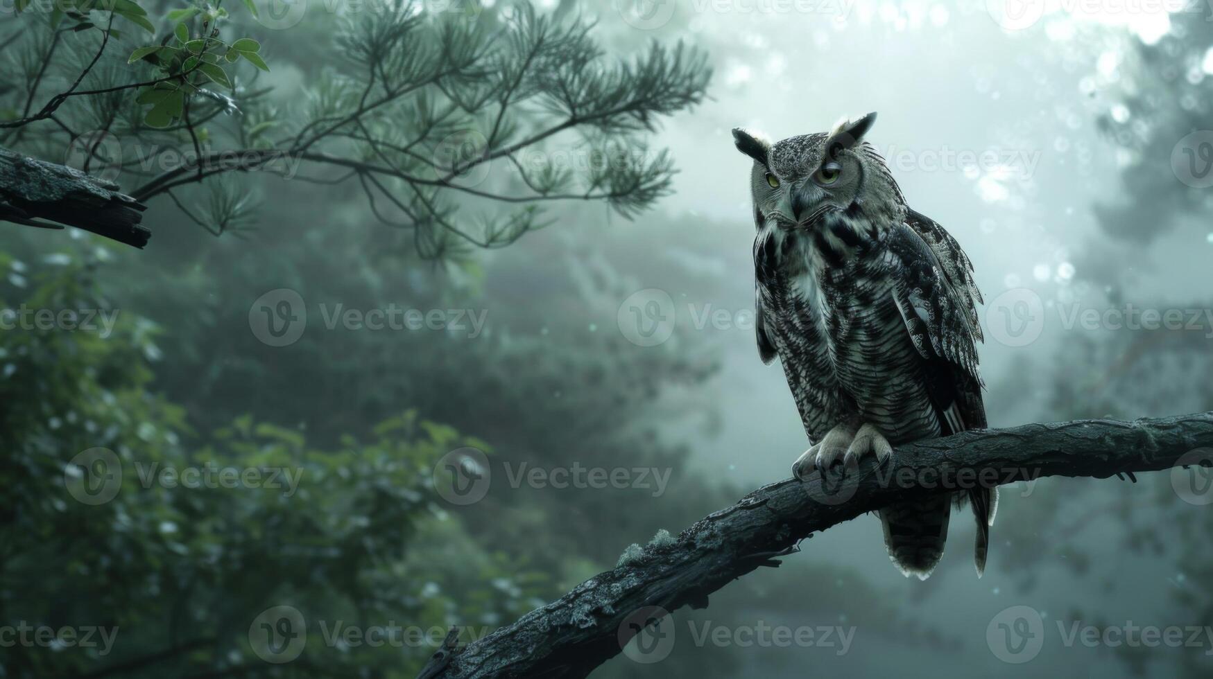 A large owl is perched on a tree branch in a forest photo