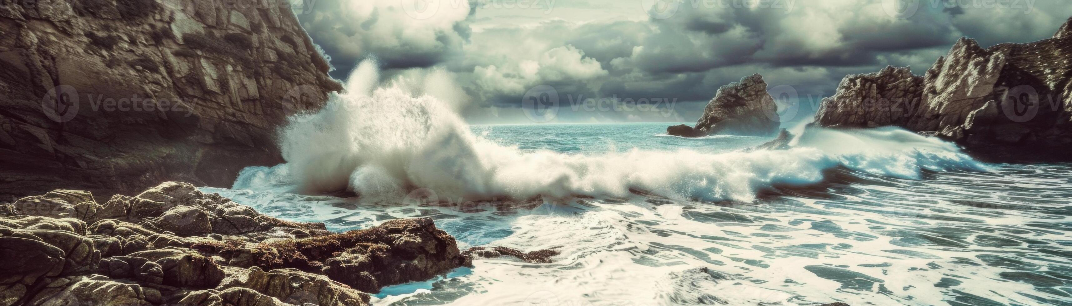 A large wave is crashing into a rocky shore photo