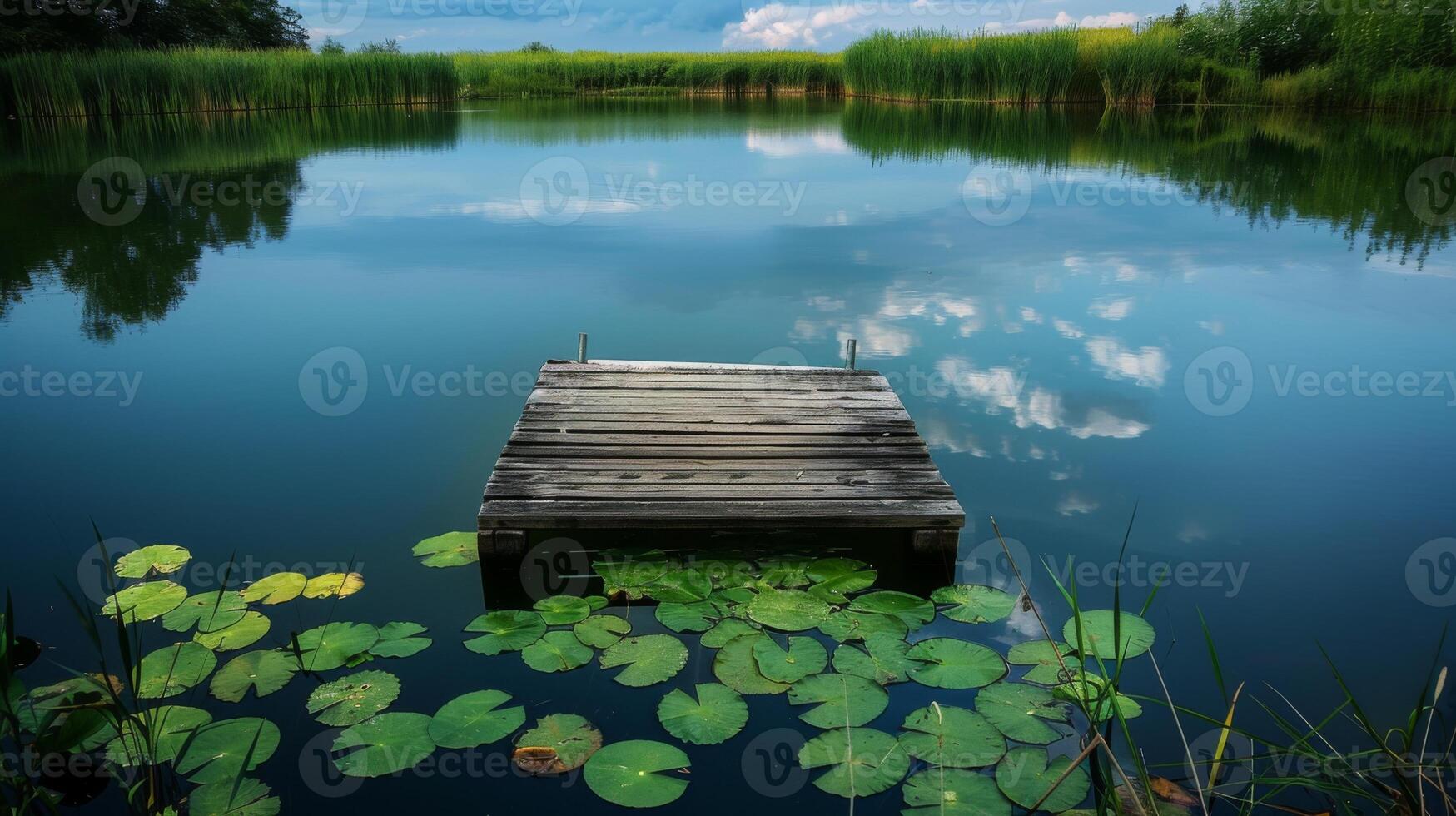 A wooden dock sits in a pond with lily pads floating on the water photo