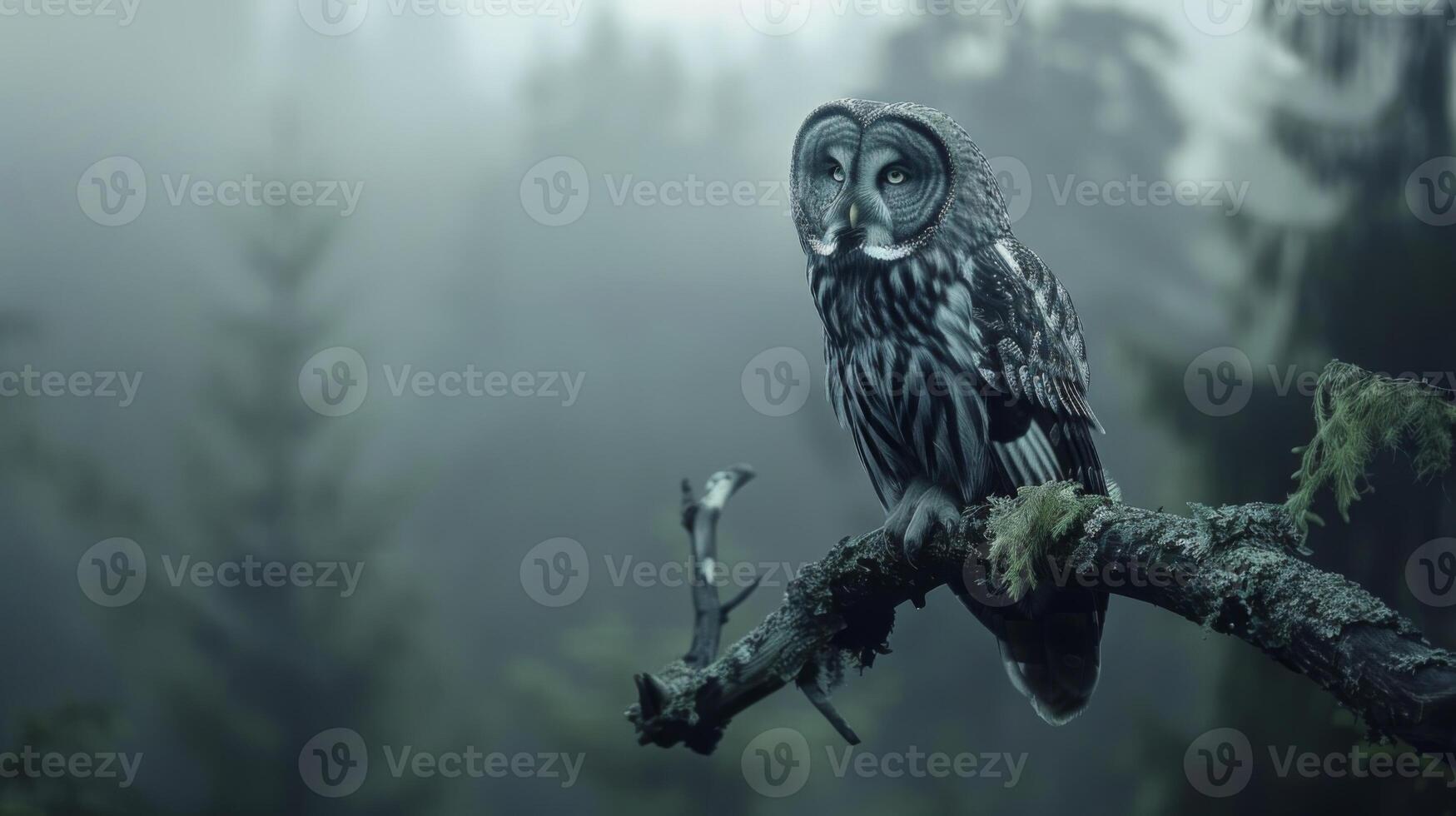A large owl is perched on a tree branch in a forest photo