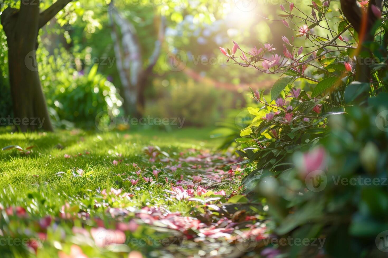 A beautiful garden with pink flowers and green grass photo