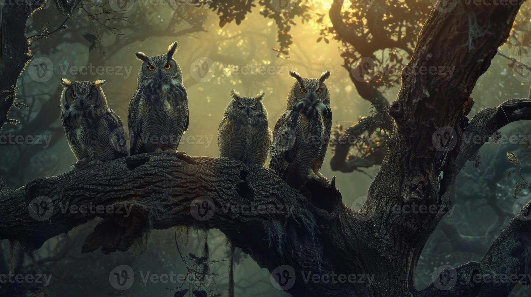 A group of owls are sitting on a tree branch in the woods photo