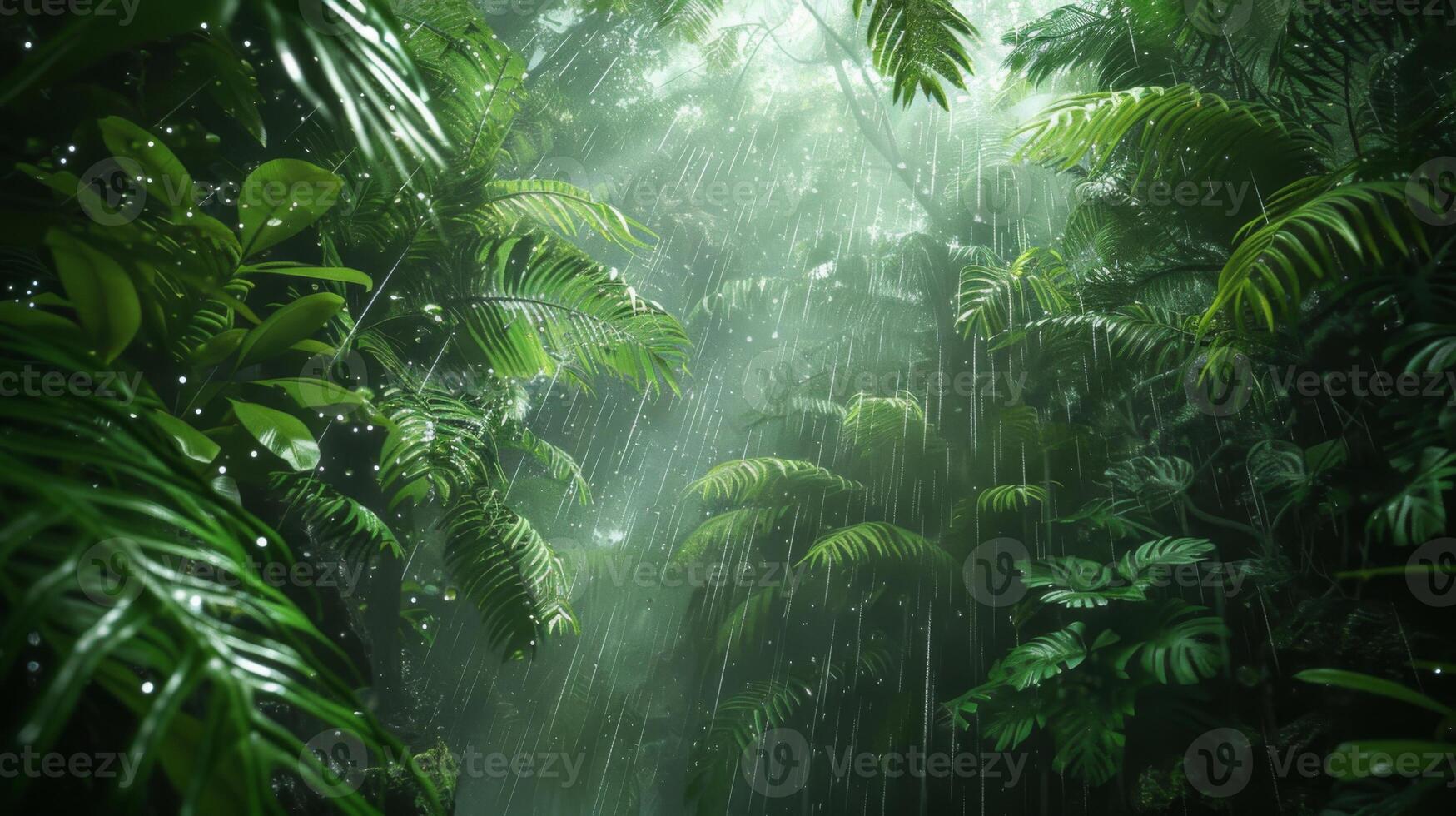 A lush green jungle with rain pouring down on the leaves photo