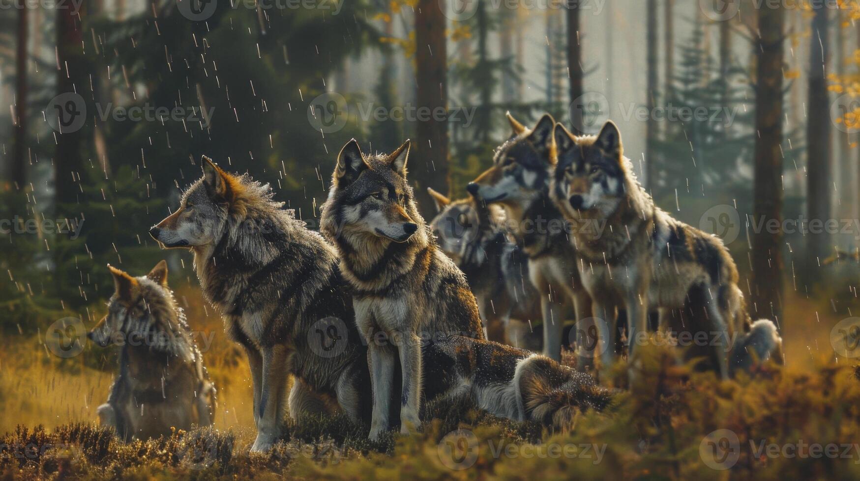 A group of wolves standing in a forest photo