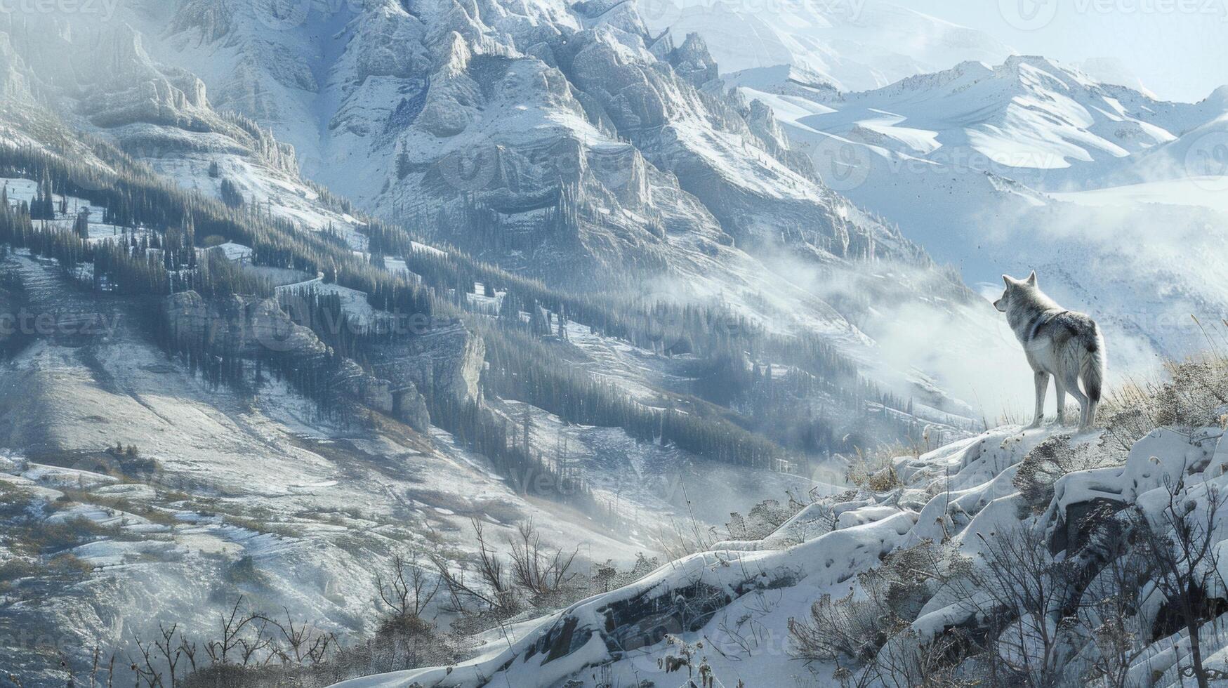 A white wolf is standing on a snowy mountain photo