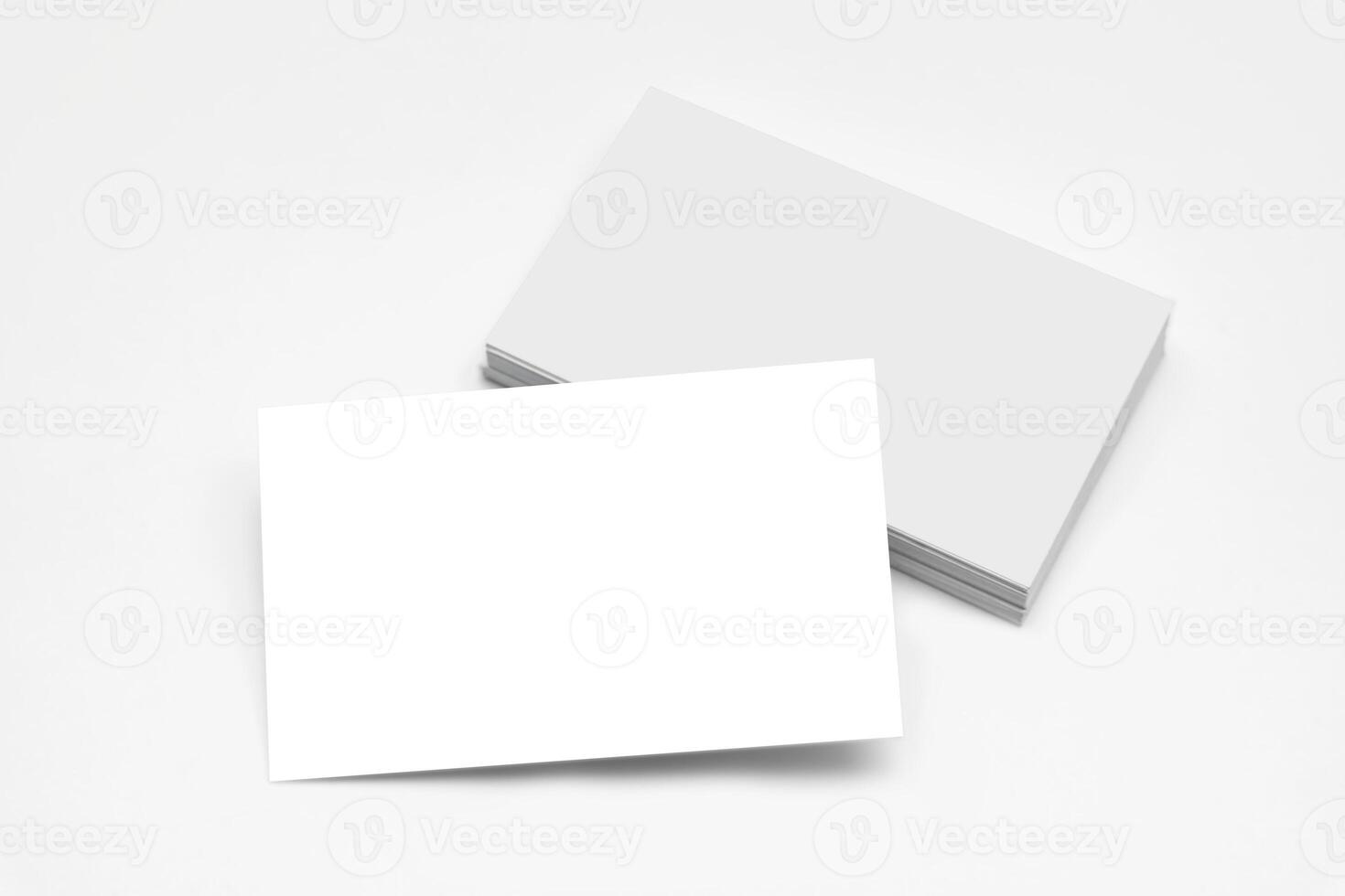 Empty white business card stack on light desktop. Info, address and message concept. Mock up, 3D Rendering photo