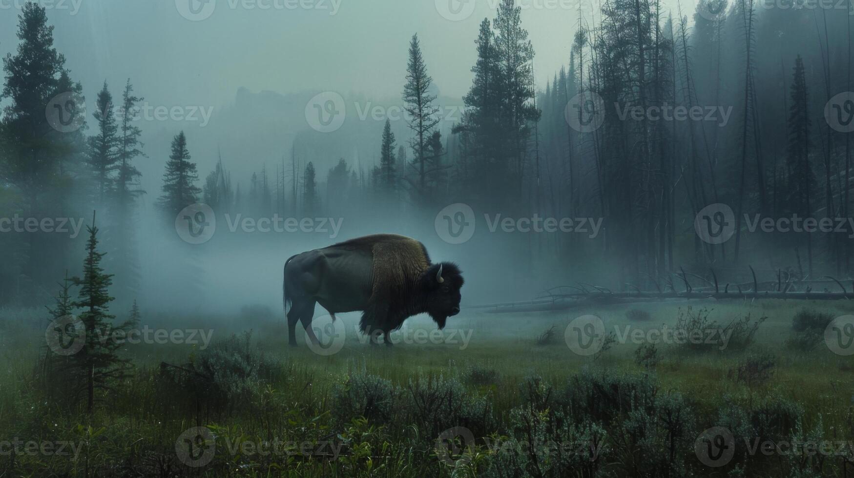 A buffalo is walking through a forest with foggy trees photo
