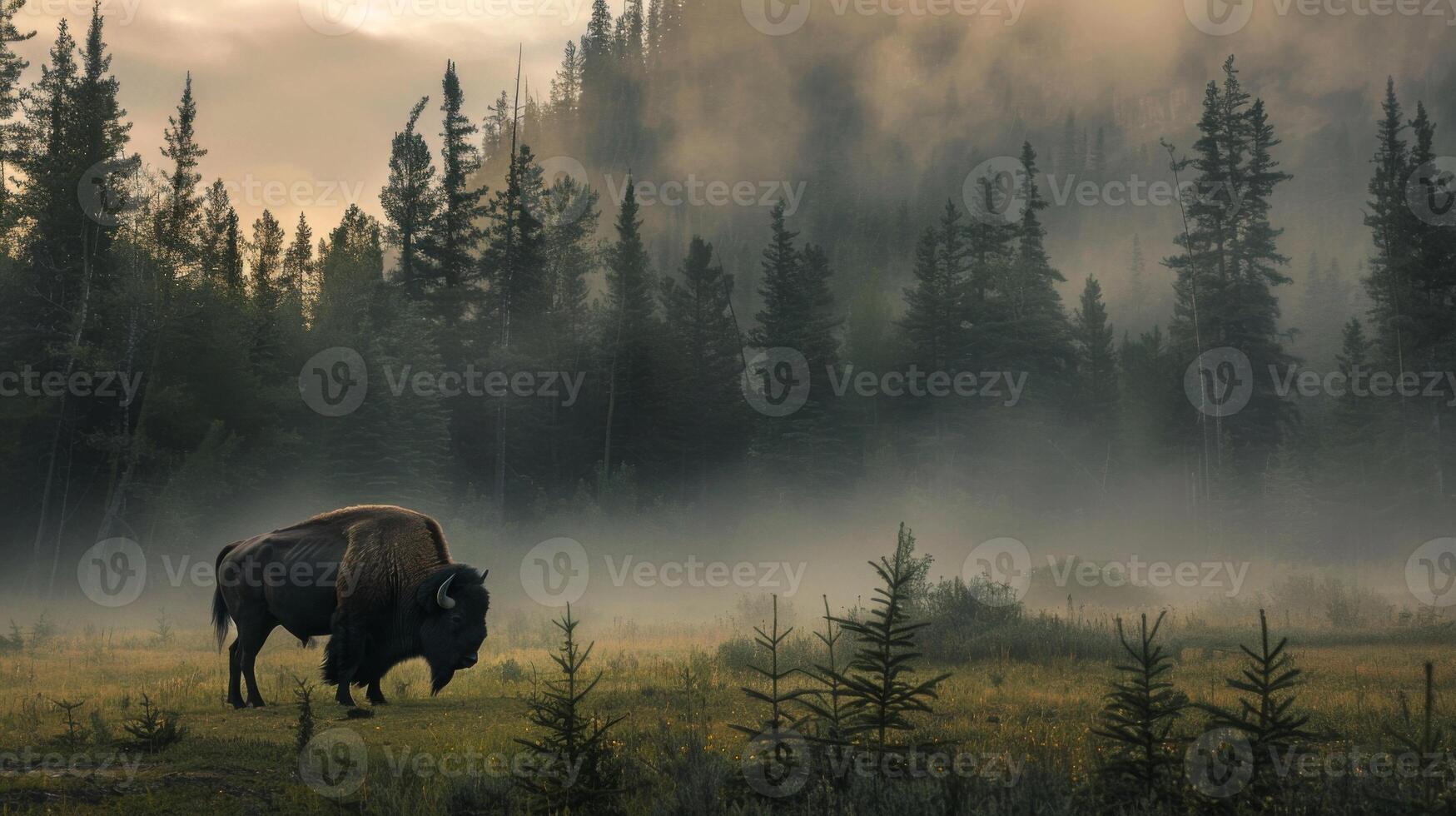 A buffalo is walking through a forest with foggy trees photo