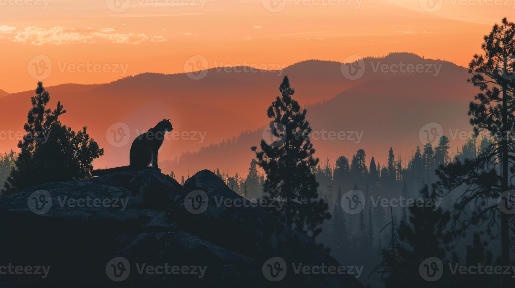 A cat is sitting on a rock in front of a beautiful sunset photo