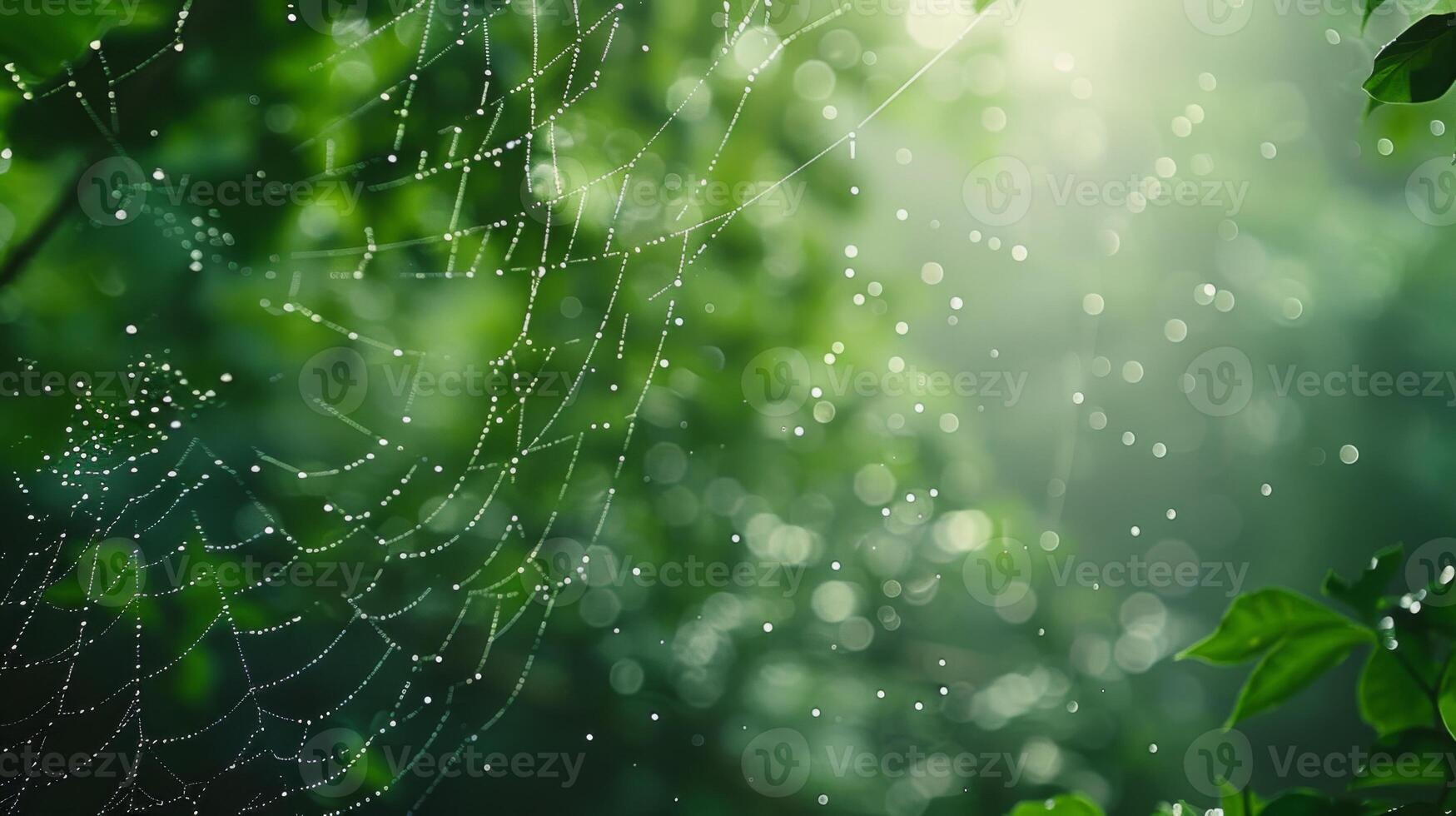 A spider web is seen in the middle of a lush green forest photo
