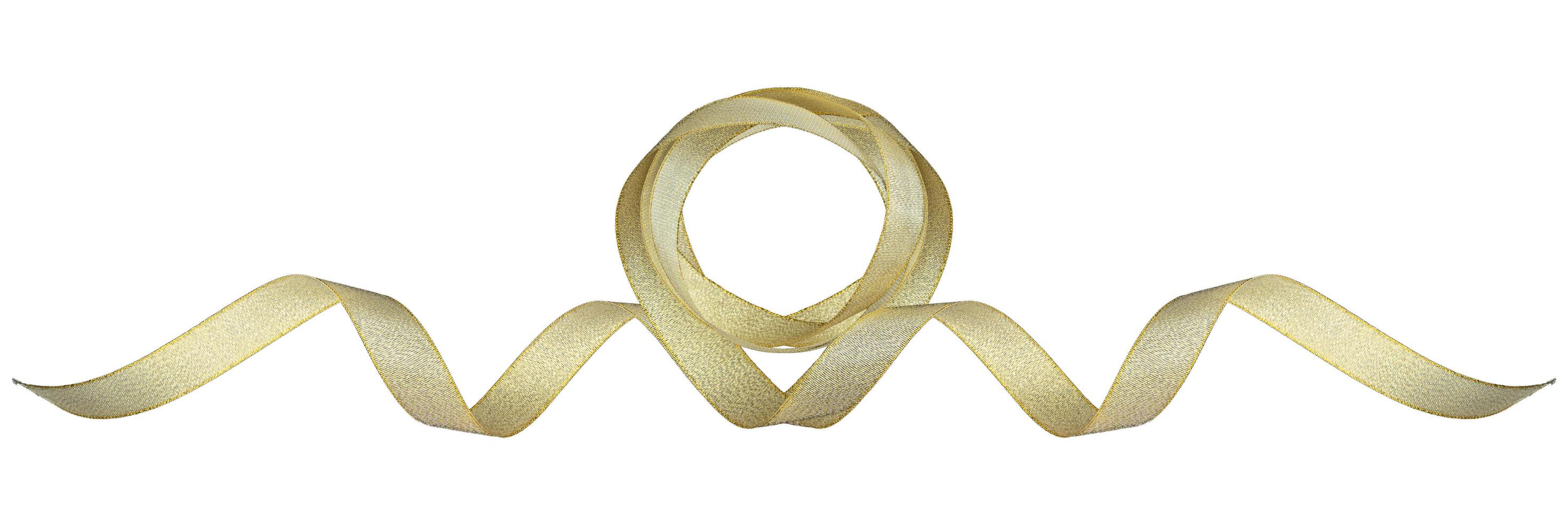 Holidays decoration concept, with clipping path. Shiny golden ribbon winded in spiral pattern on white background. Backdrop for text or announcement. photo