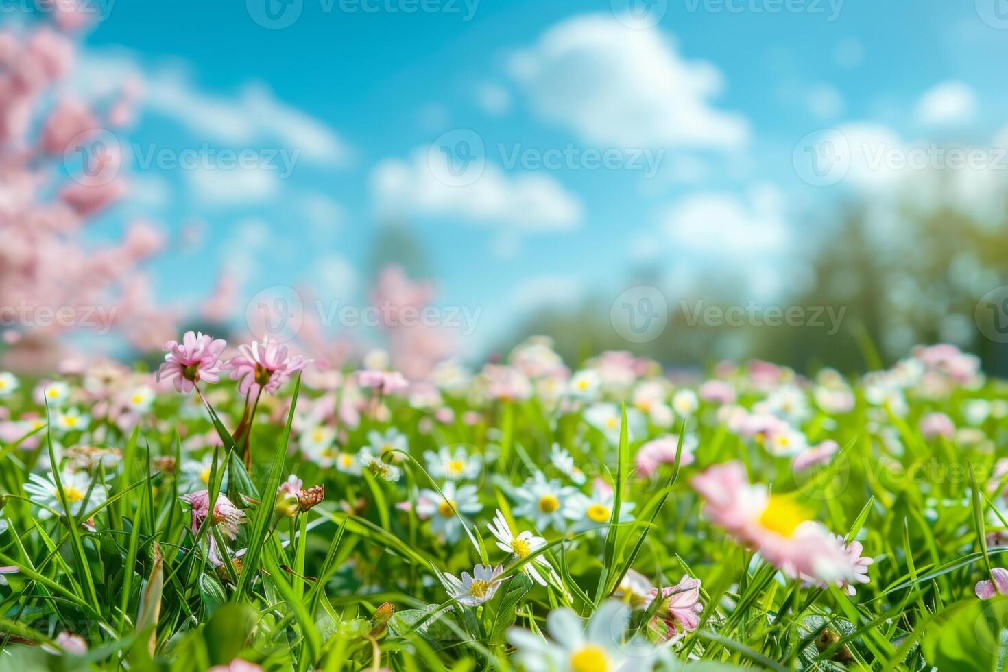 A field of flowers with a blue sky in the background photo