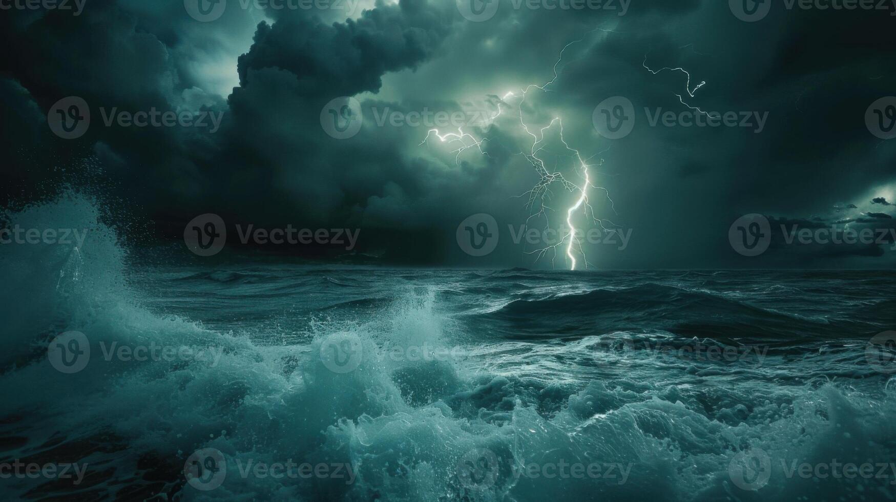 A stormy ocean with a lightning bolt in the sky photo