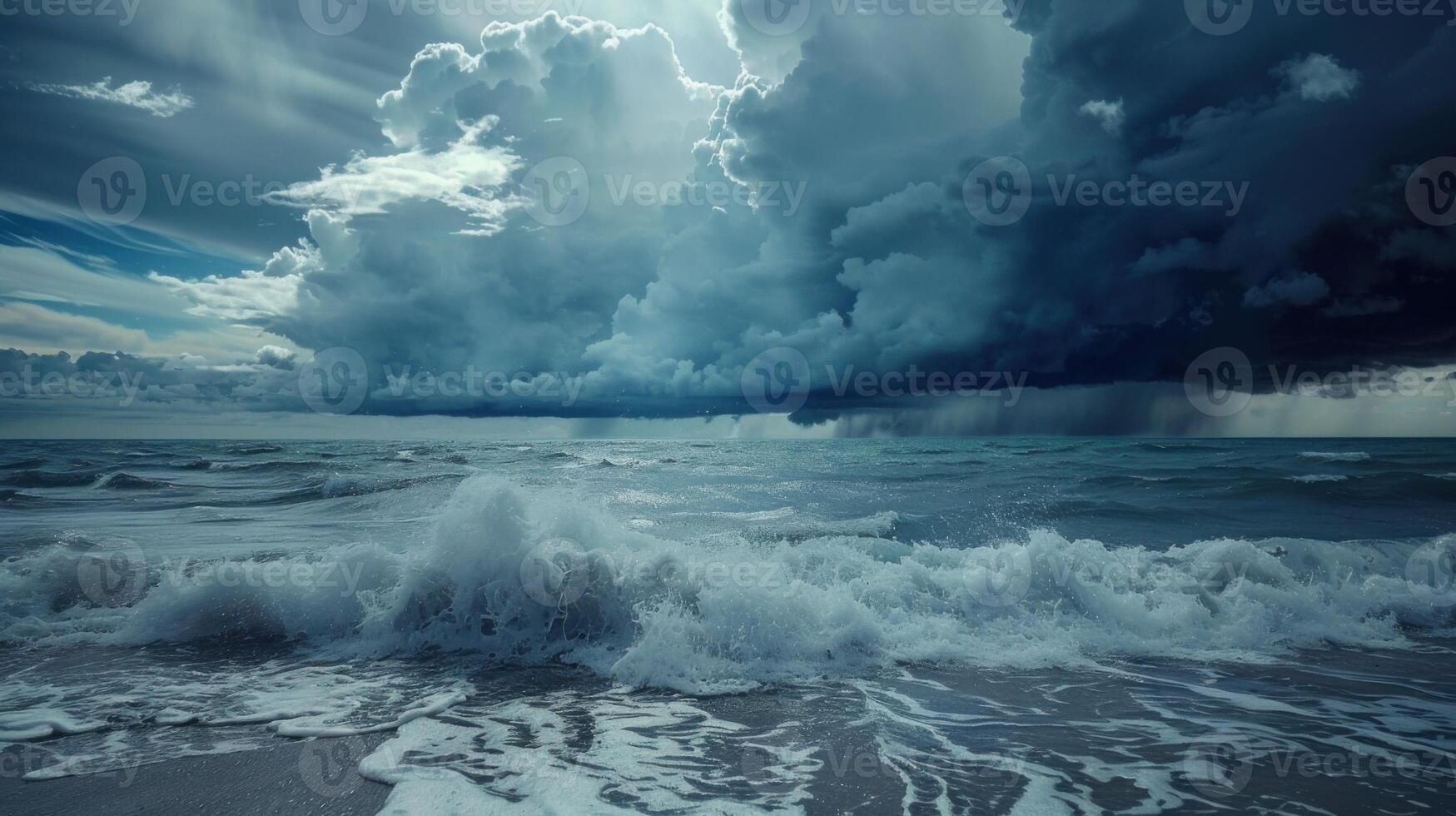 The ocean is rough and the sky is dark and cloudy photo