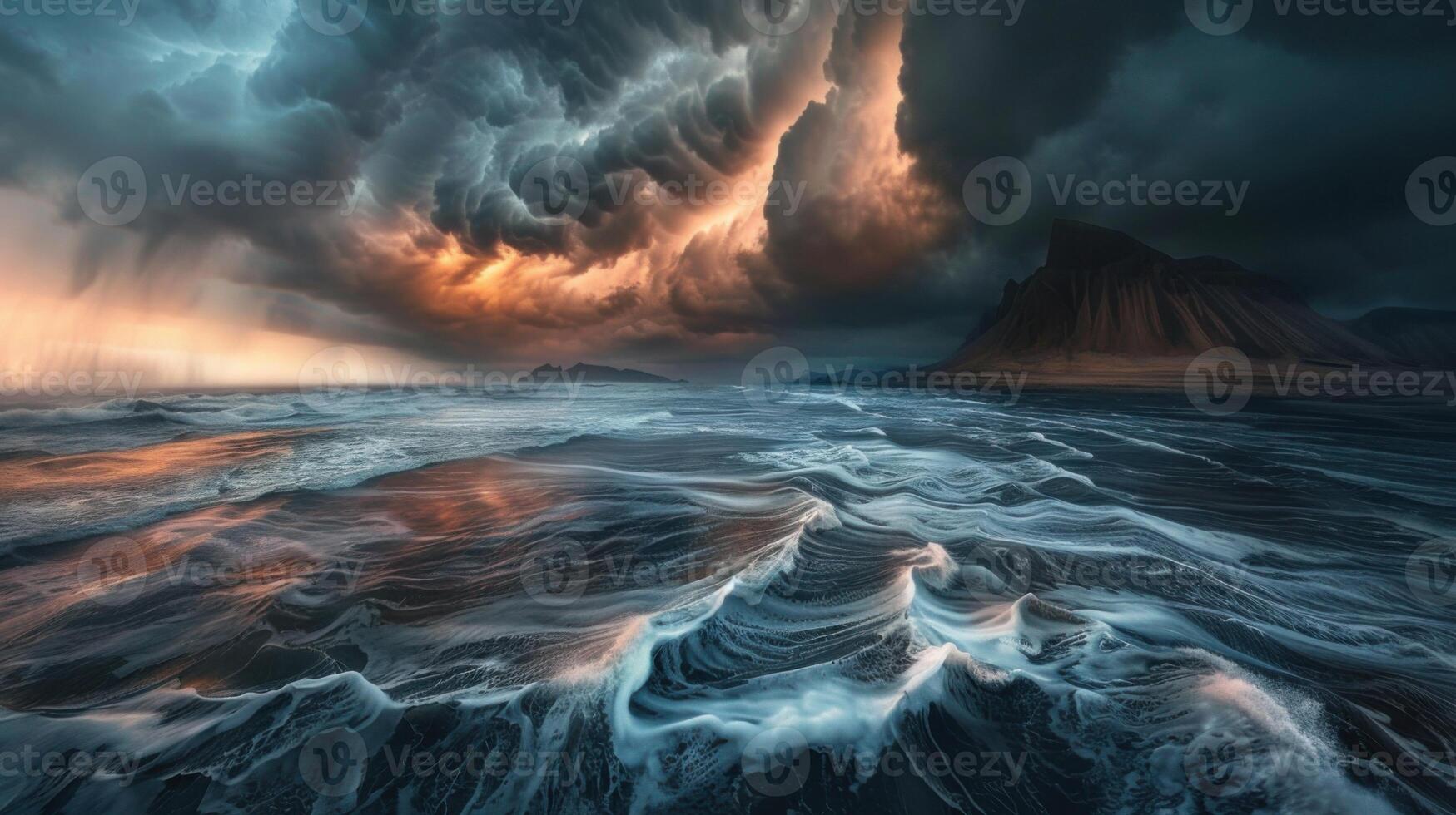 A stormy ocean with a large wave crashing against the shore photo