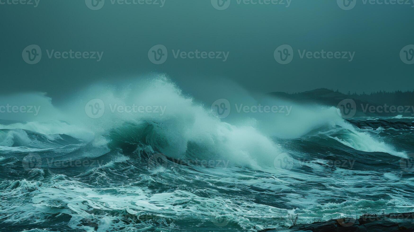 A stormy ocean with a large wave crashing against the shore photo