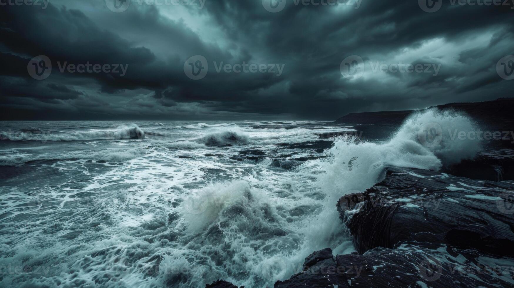 The ocean is rough and the waves are crashing against the rocks photo