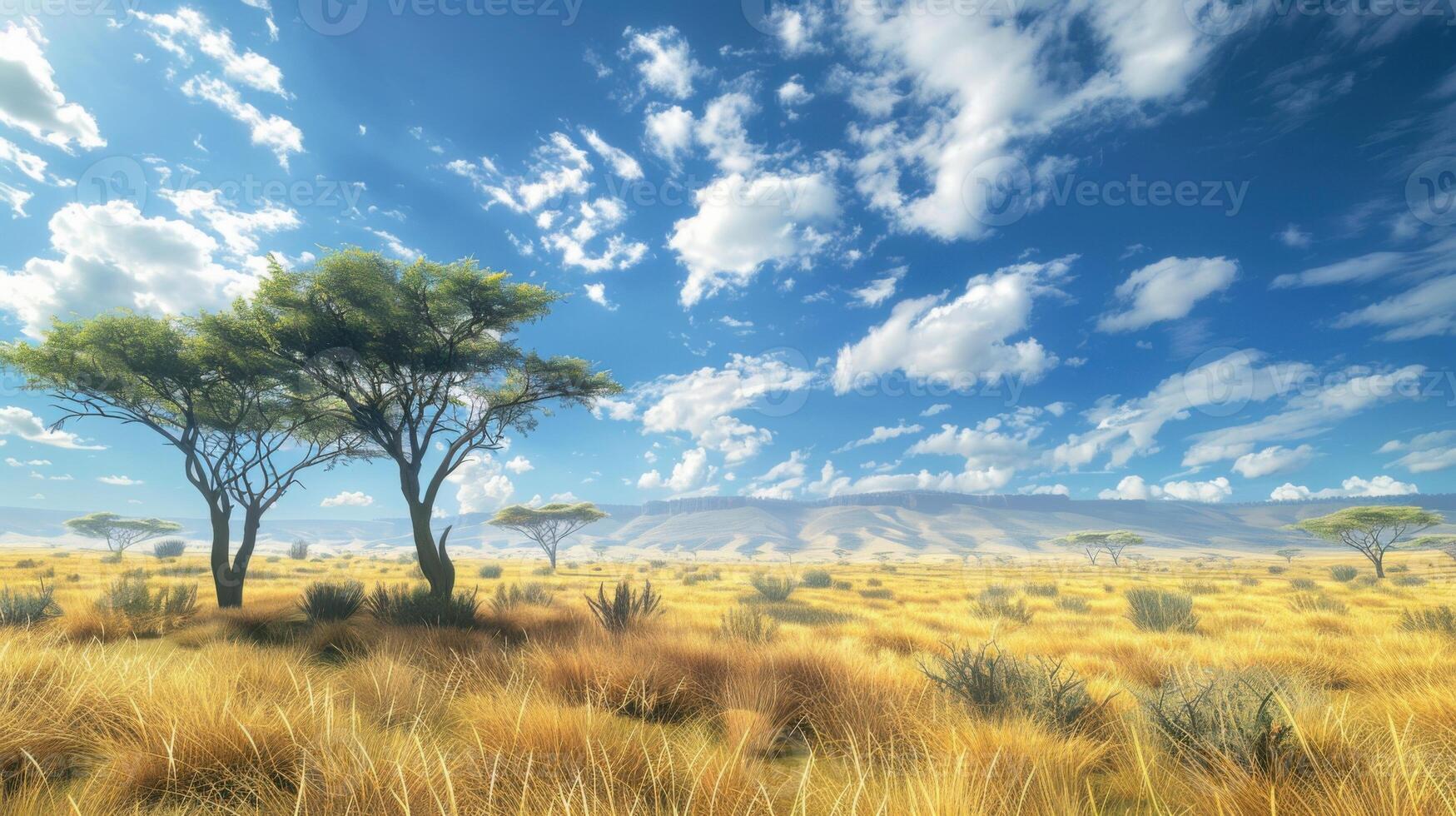 A vast, open plain with a few trees scattered throughout photo