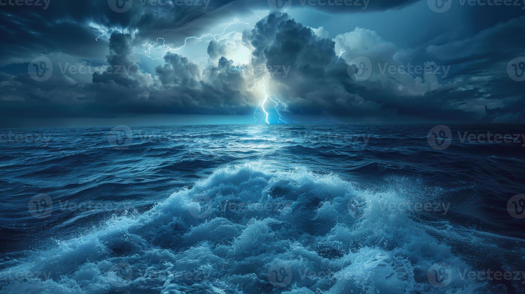 A stormy ocean with a lightning bolt in the sky photo