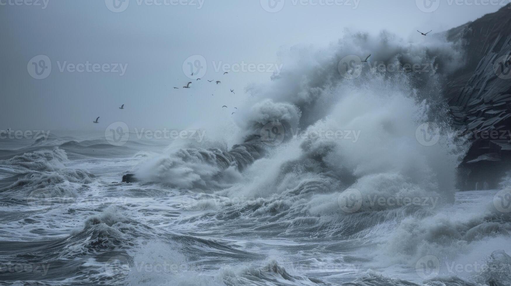 A large wave crashing onto a rocky shore photo