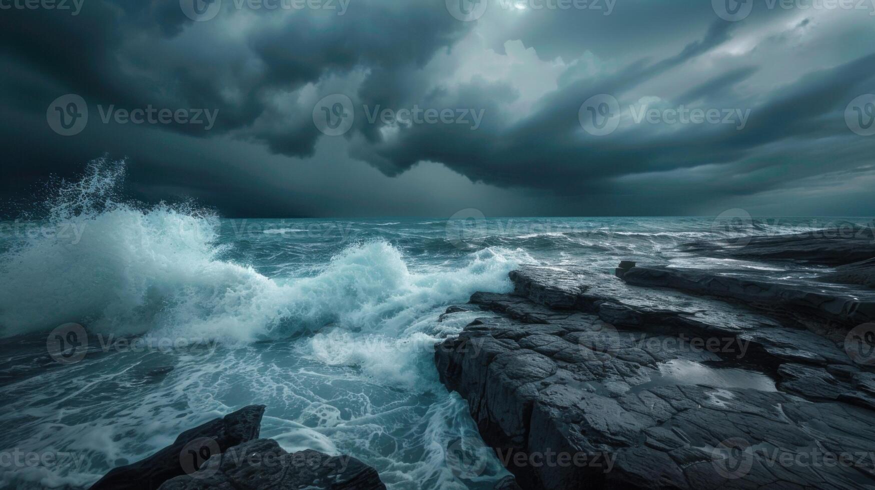 The ocean is rough and the sky is dark and cloudy photo