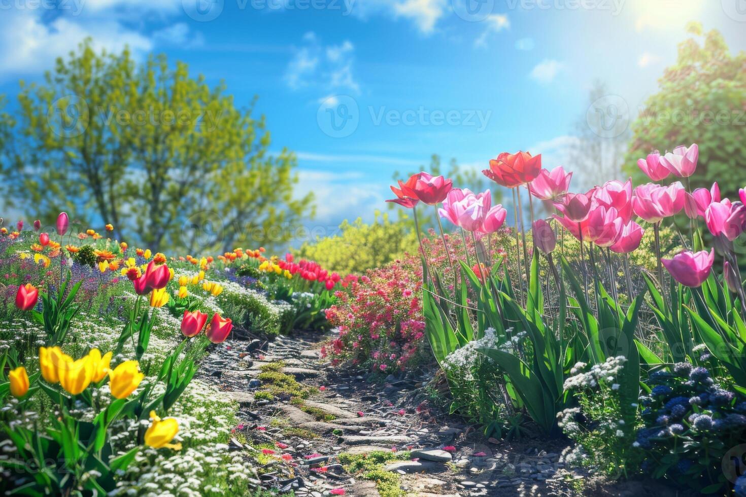 A field of flowers with a blue sky in the background photo