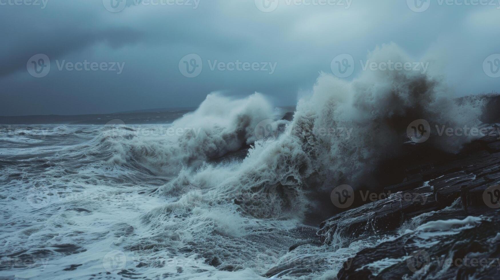 The ocean is rough and the sky is dark and cloudy photo