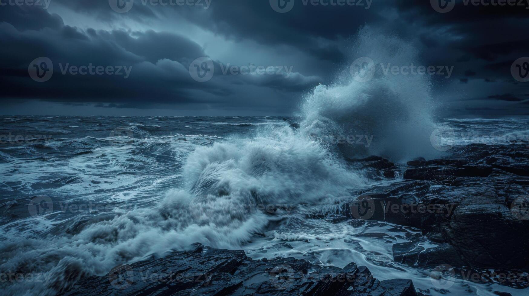 The ocean is rough and the waves are crashing against the rocks photo