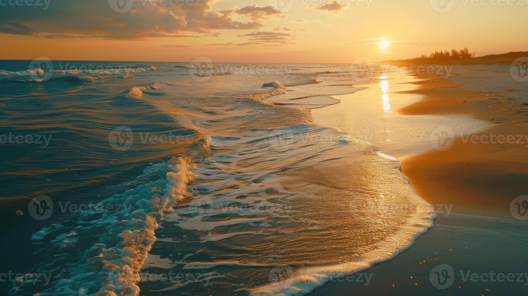The ocean is calm and the sun is setting, creating a beautiful photo