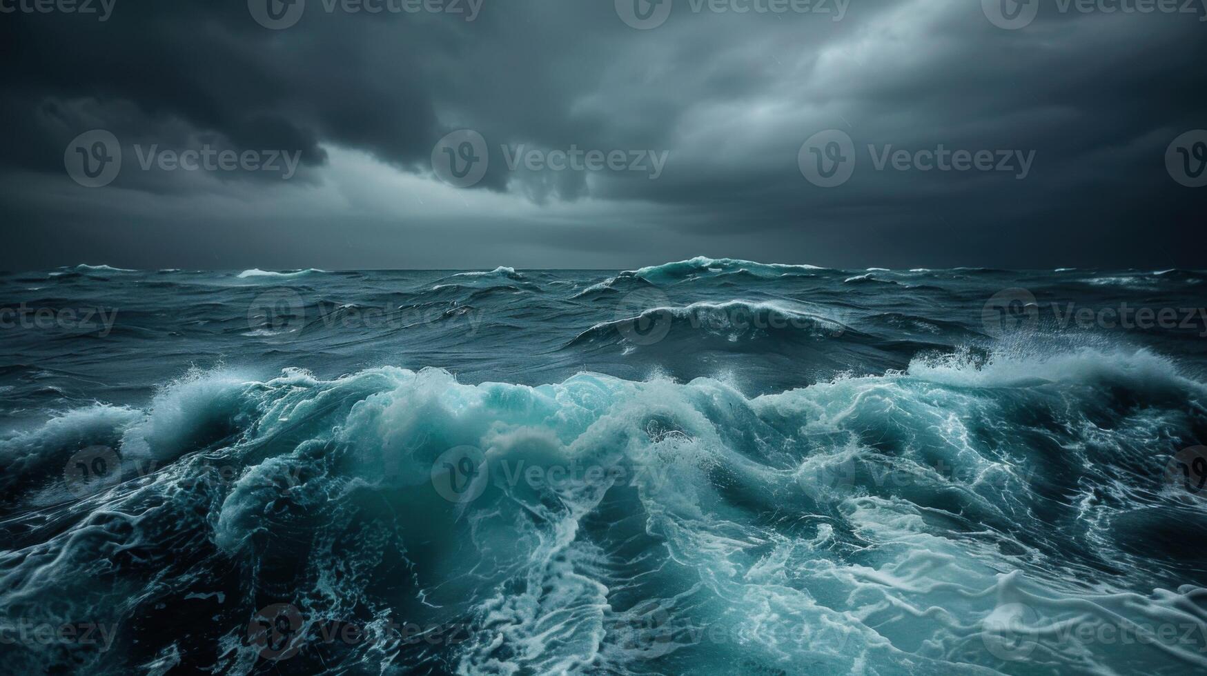 The ocean is rough and stormy, with dark clouds looming overhead photo