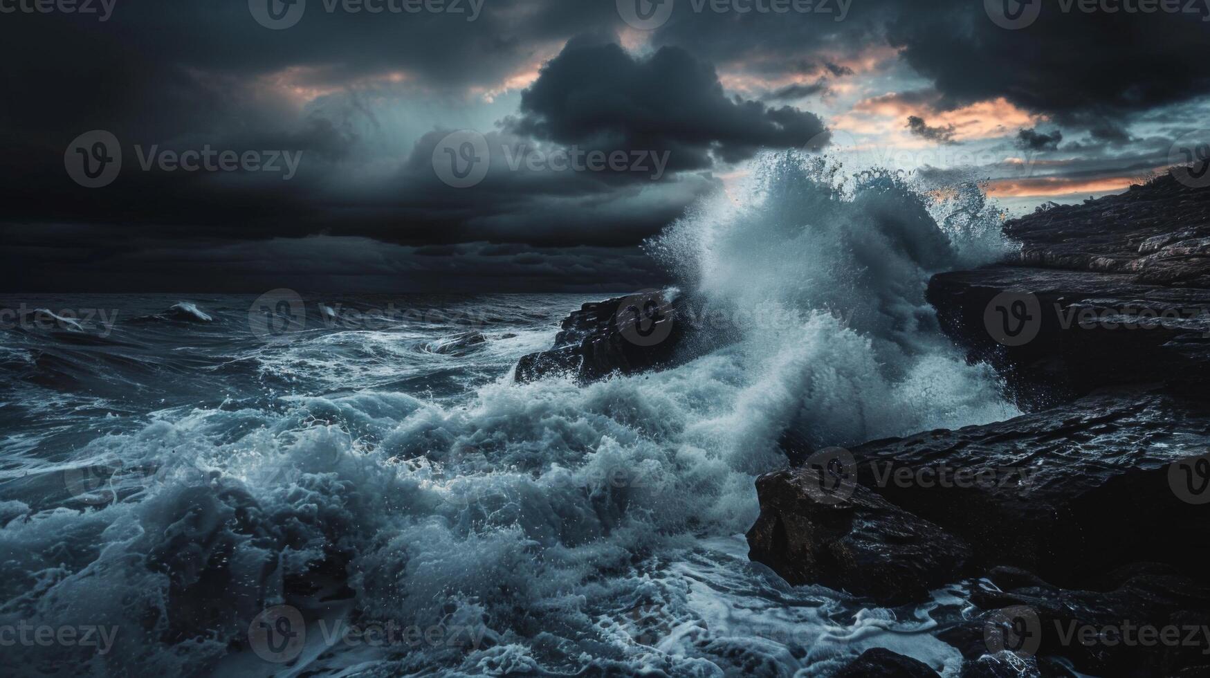 A powerful wave crashing against a rocky shoreline photo
