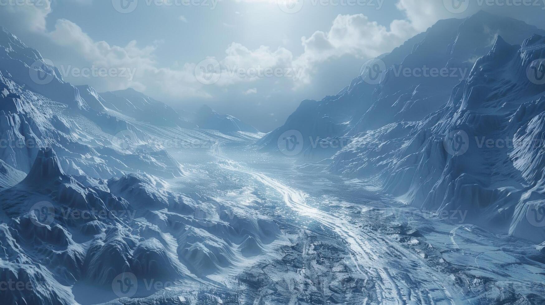 A desolate landscape with a long road in the middle of it photo
