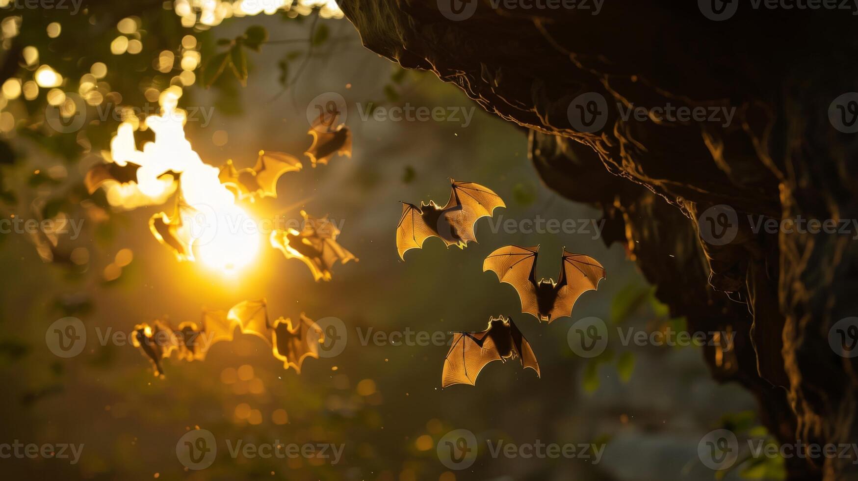 A group of bats flying in the air with the sun shining on them photo