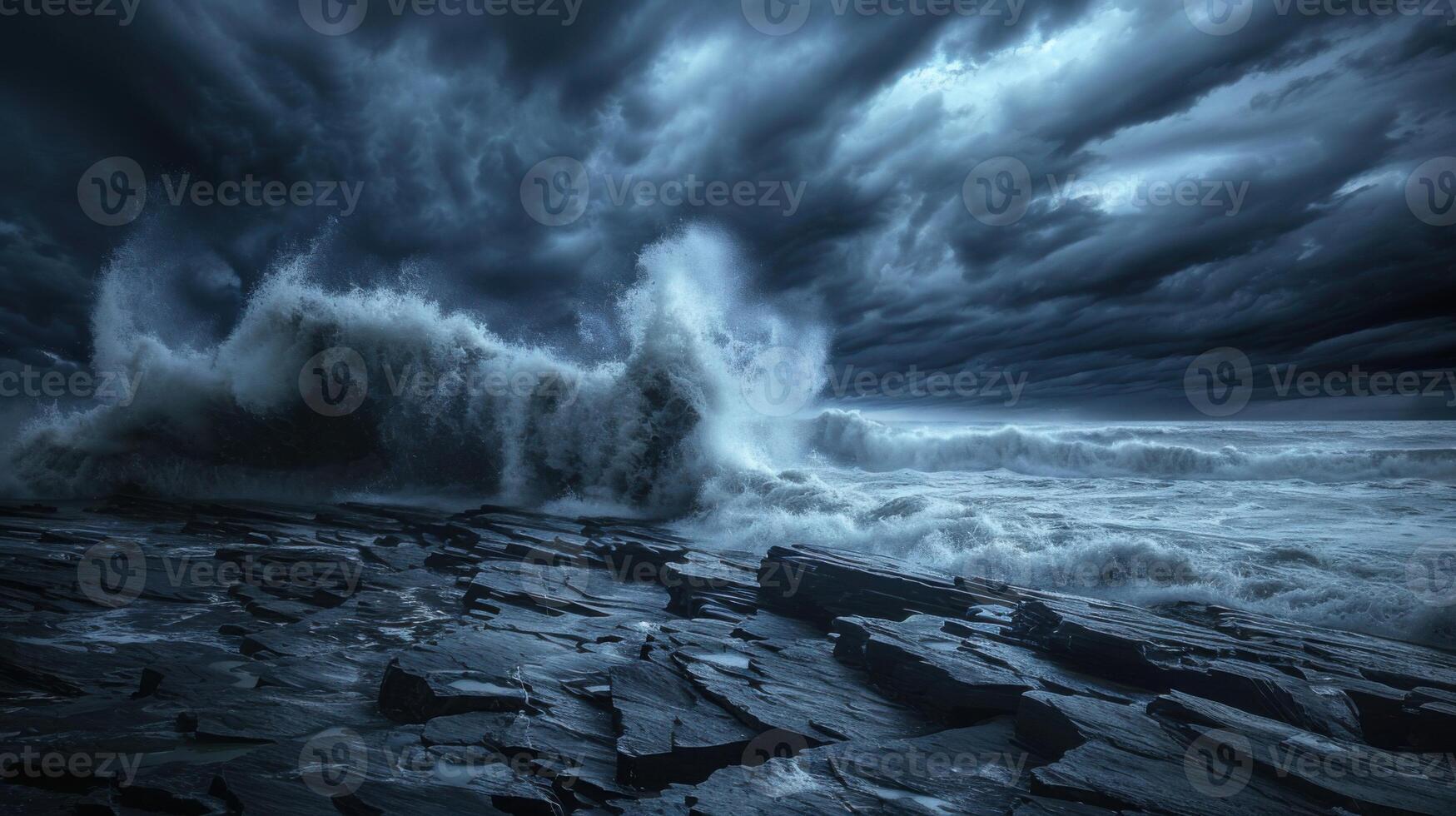 The ocean is rough and stormy, with dark clouds looming overhead photo
