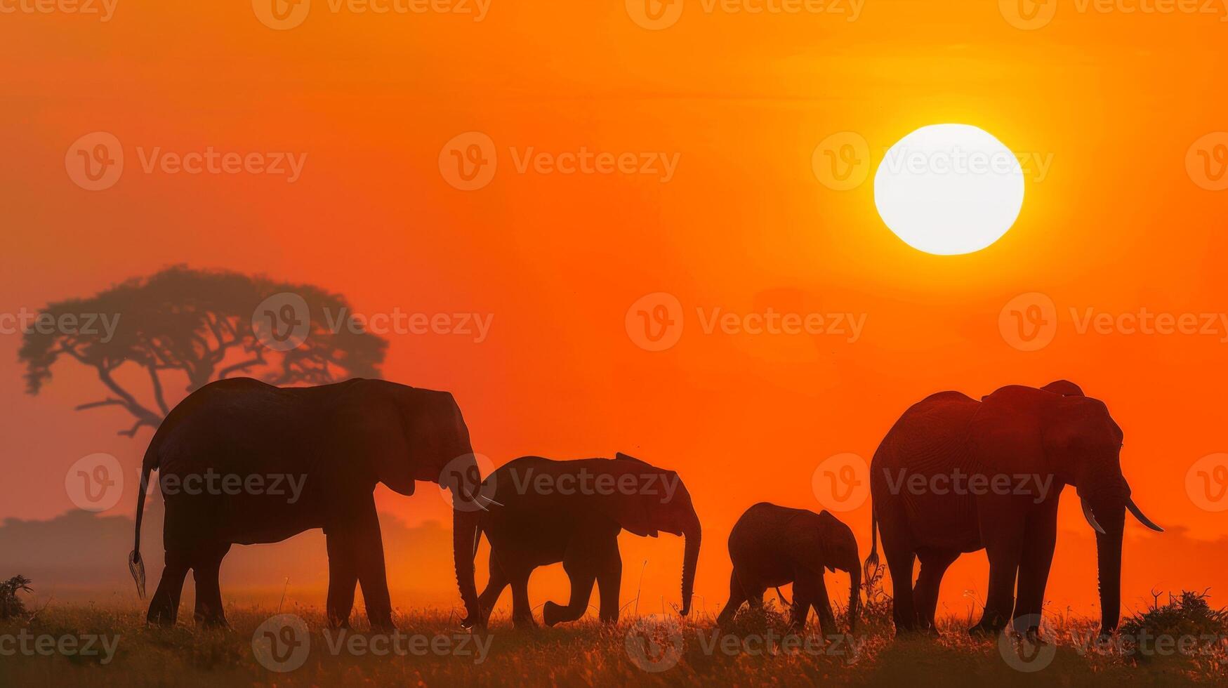A group of elephants walking in a field at sunset photo