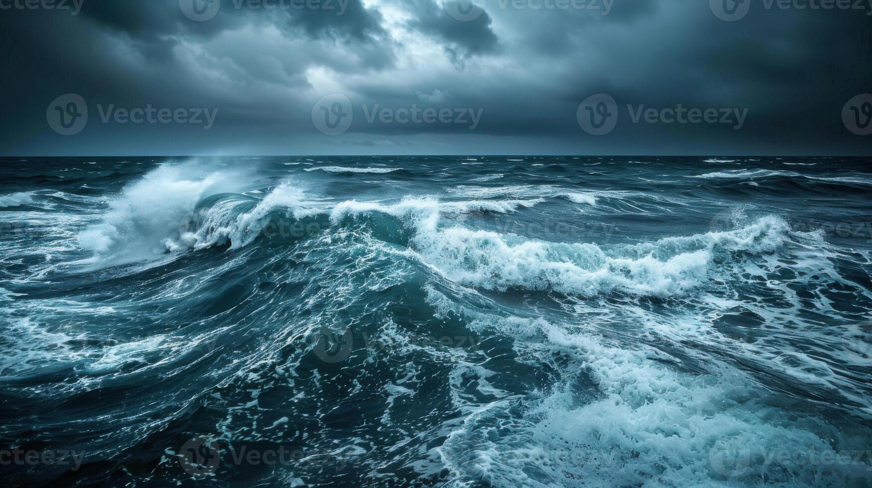 The ocean is rough and stormy, with dark clouds looming overhead photo