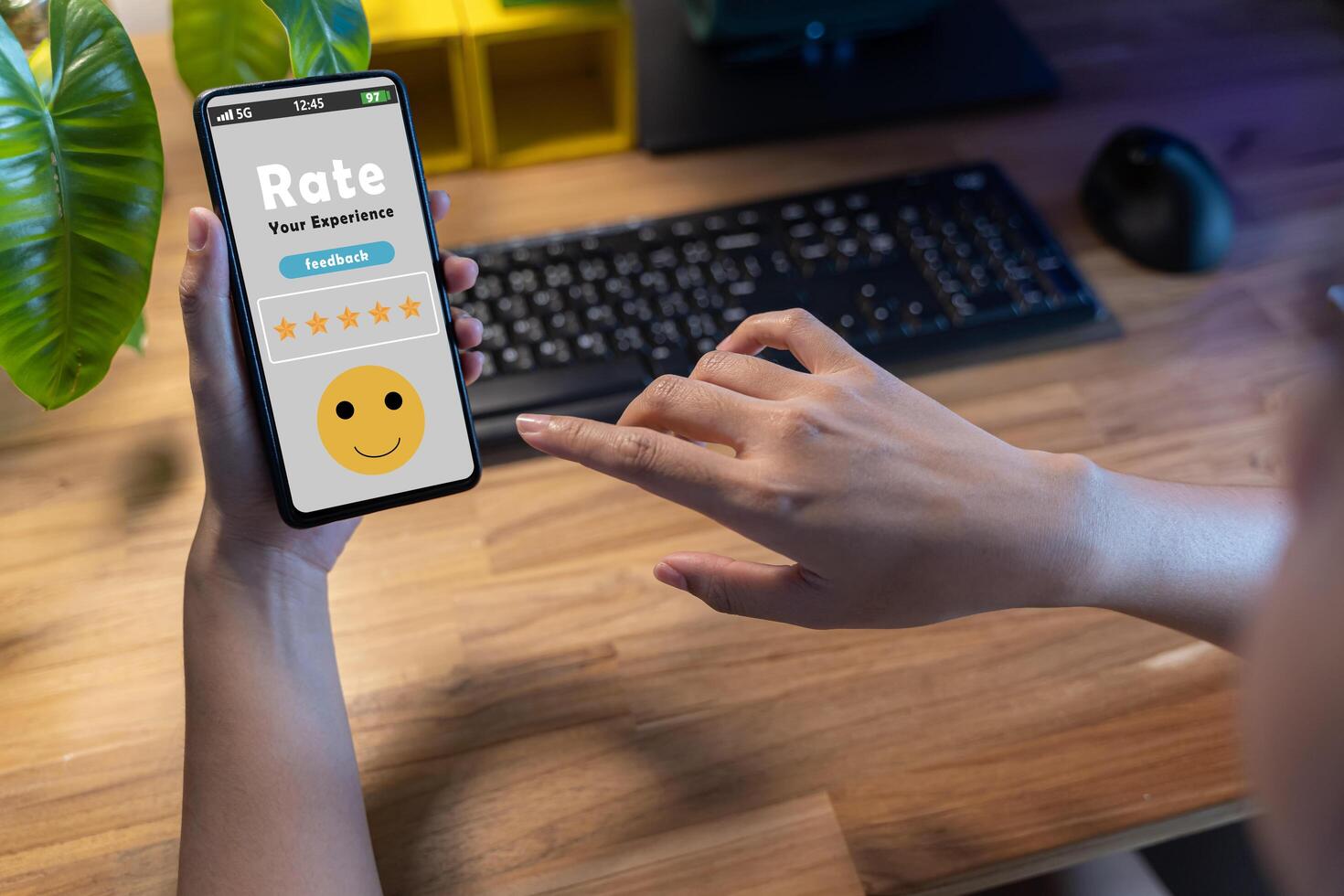 Female customer gives a five-star rating on their smartphone, satisfaction, customer service experience. Service Rating Reviews. photo