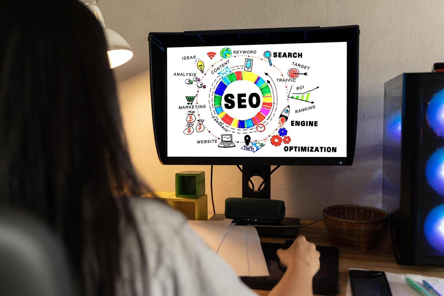 SEO Search Engine Optimization concept with desktop computer. ranking traffic on website, internet technology for business company. photo