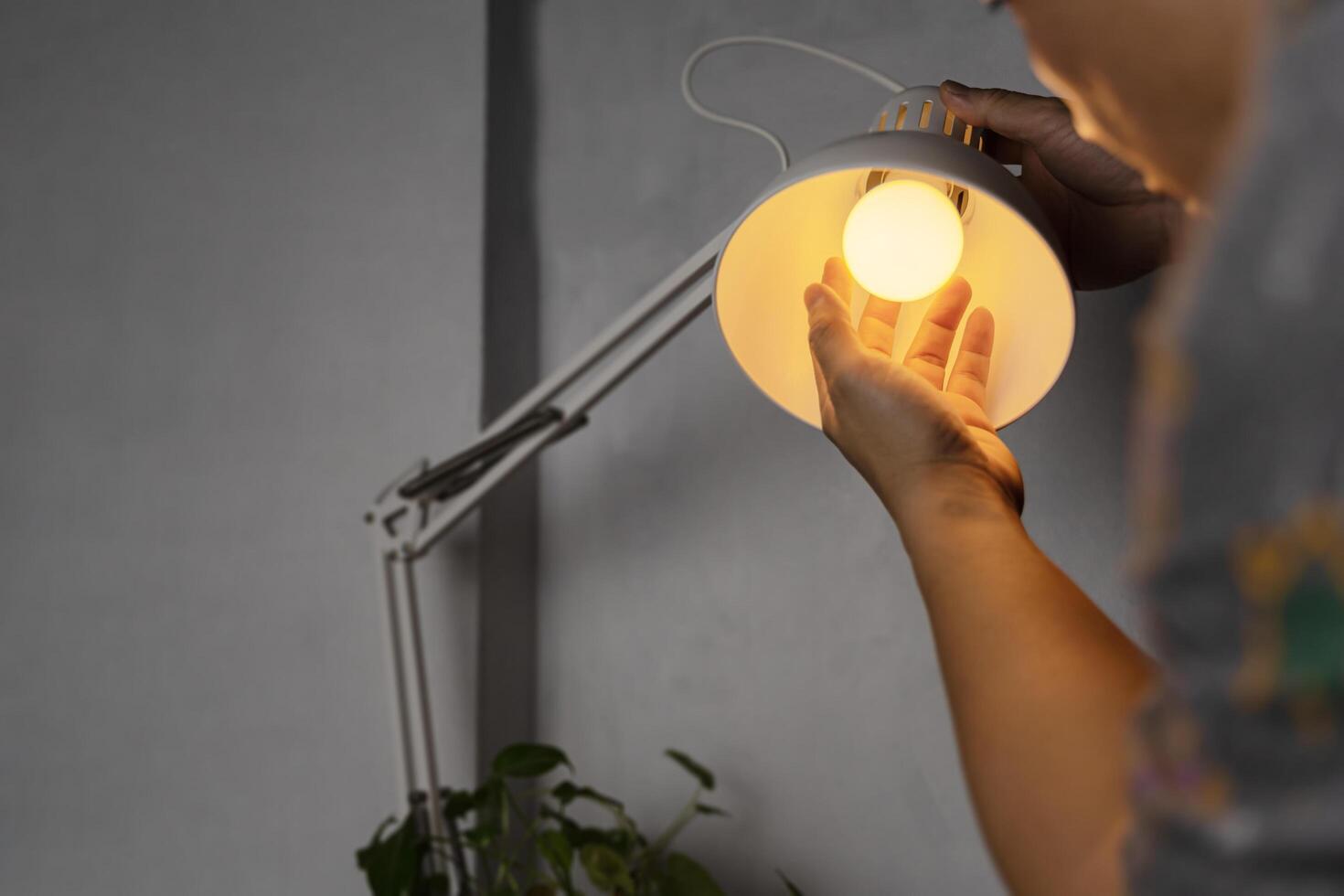Handyman choosing between energy save and cheap incandescent lamp while changing light in the appartment photo