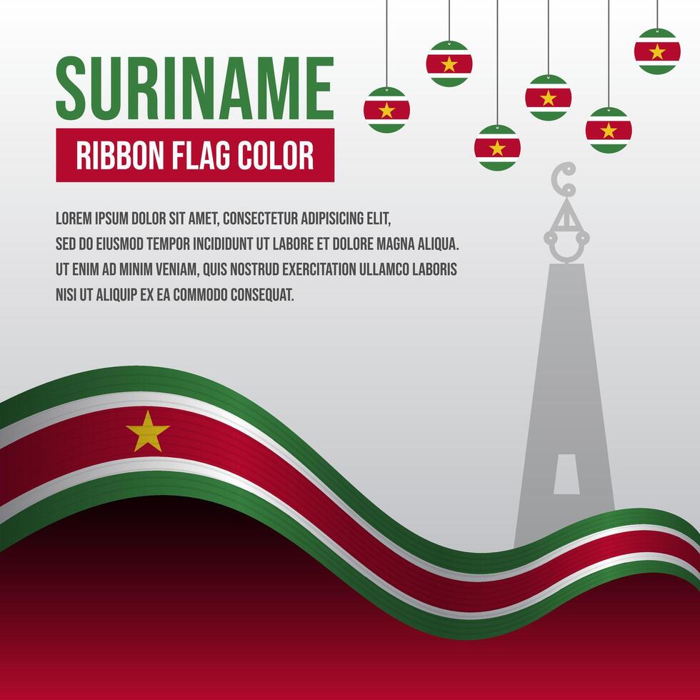 Suriname ribbon flag with Moiwana Monument silhouette and decoration vector