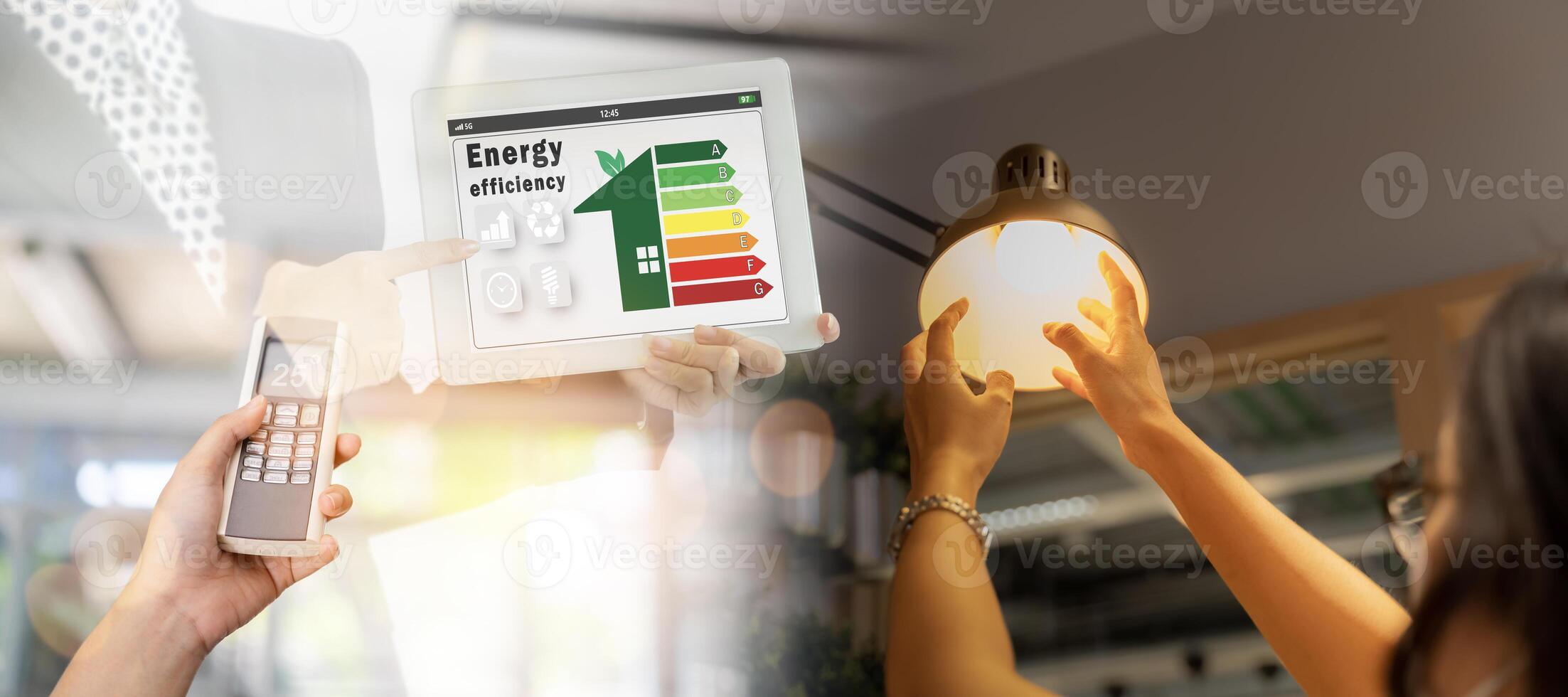 Woman change a new electric bulb, open air conditioning 25 degrees make a home more energy efficient. Home appliance energy efficient. Household equipment and energy class chart. photo