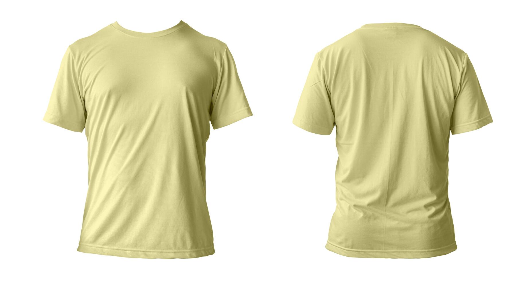 Blank yellow clean t-shirt mockup, isolated, front view. Empty tshirt model mock up. Clear fabric cloth for football or style outfit template. photo