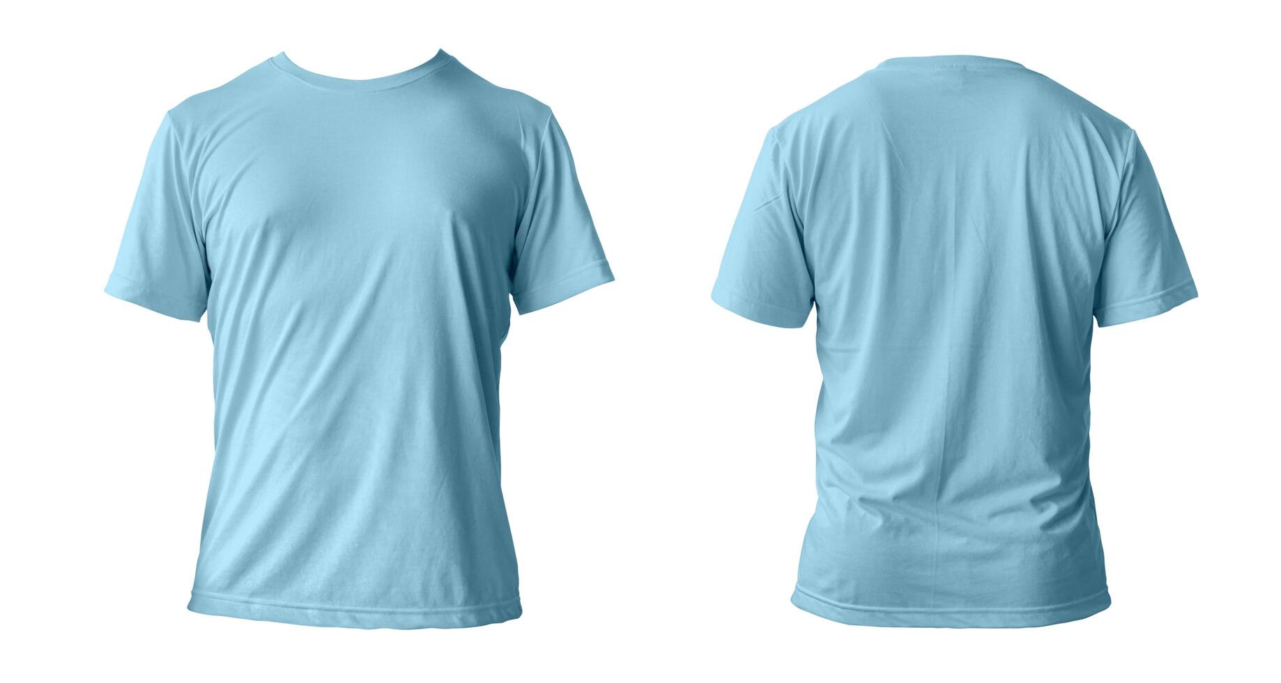 Blank blue clean t-shirt mockup, isolated, front view. Empty tshirt model mock up. Clear fabric cloth for football or style outfit template. photo