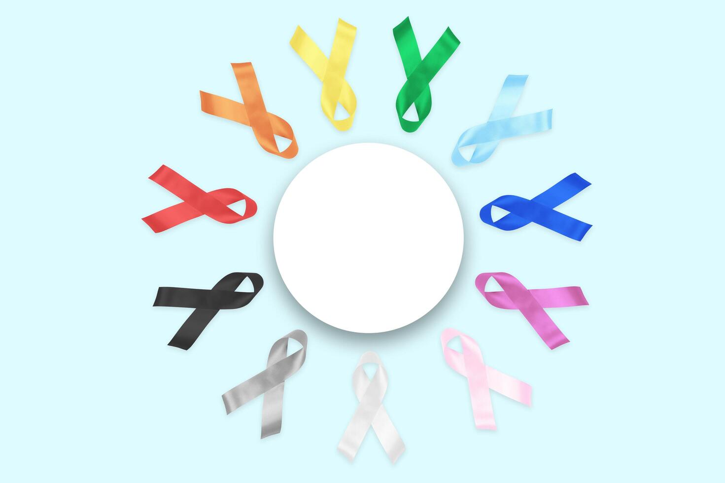 Circle of colorful awareness ribbons with place for text on blue background. World cancer day concept, February 4. Healthcare photo