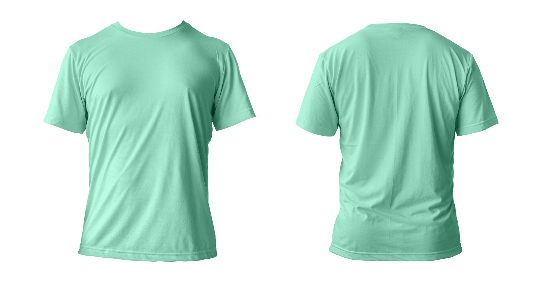Blank green clean t-shirt mockup, isolated, front view. Empty tshirt model mock up. Clear fabric cloth for football or style outfit template. photo